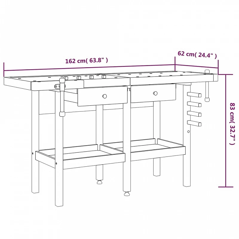 Banco Lavoro Cassetti E Morse 162x62x83cm Legno Massello Acacia 9 Banco Lavoro Cassetti E Morse 162x62x83cm Legno Massello Acacia - immagine 9