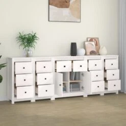 Credenza Bianca 230x35x80 Cm In Legno Massello Di Pino