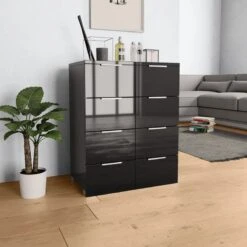 Credenza Con Finitura Lucida Nera 60x35x80 Cm In Truciolato