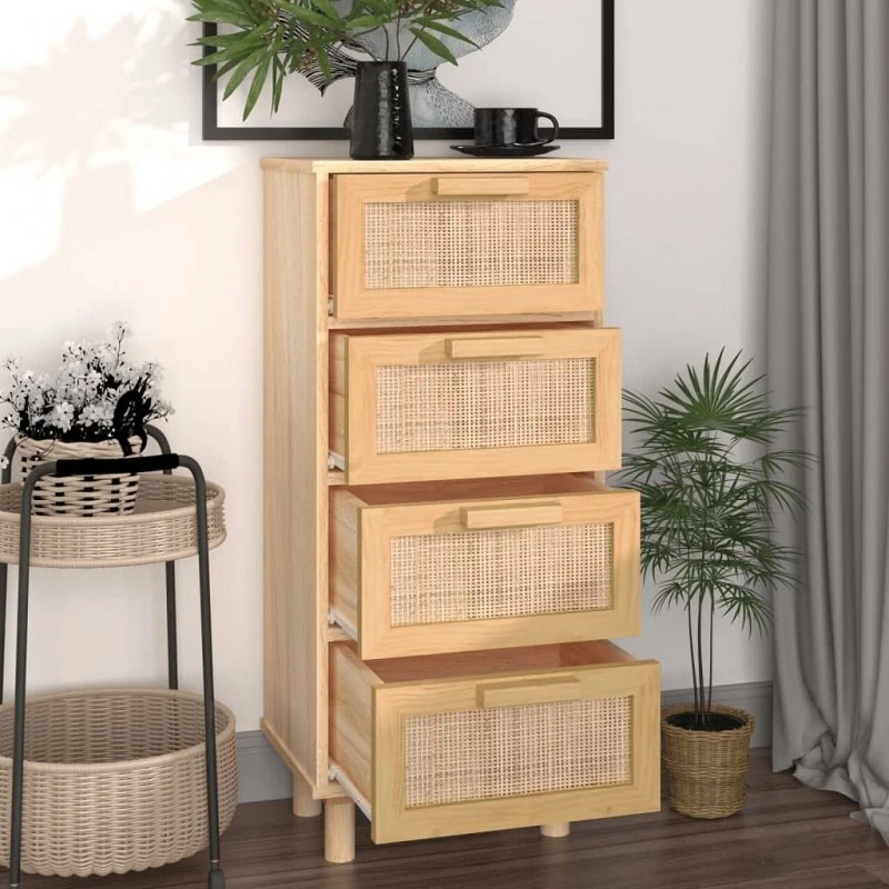 Credenza Marrone 40x30x90cm Legno Massello Pino Rattan Naturale 3 Credenza Marrone 40x30x90cm Legno Massello Pino Rattan Naturale - immagine 3