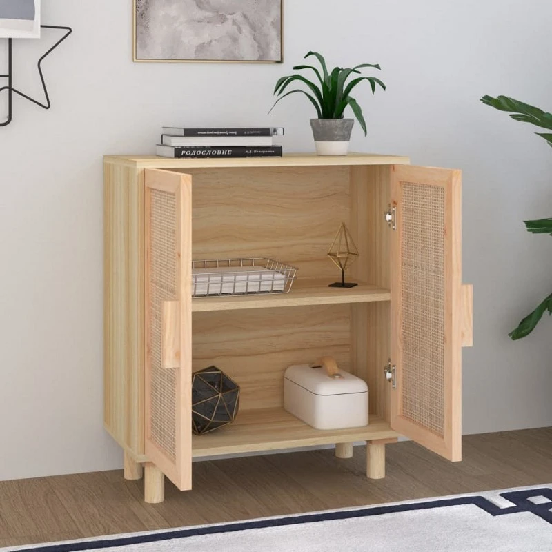 Credenza Marrone 60x30x70cm Legno Massello Pino Rattan Naturale 3 Credenza Marrone 60x30x70cm Legno Massello Pino Rattan Naturale - immagine 3