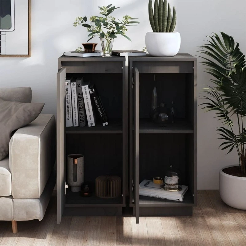 Credenze 2 Pz Grigie 31,5x34x75 Cm In Legno Massello Di Pino 3 Credenze 2 Pz Grigie 31,5x34x75 Cm In Legno Massello Di Pino - immagine 3