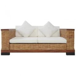 Divano A 2 Posti Con Cuscini Marrone In Rattan Naturale -Garden Home divano a 2 posti con cuscini marrone in rattan naturale 1