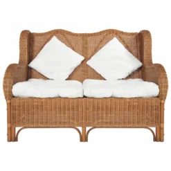 Divano A 2 Posti In Rattan Naturale E Lino Marrone Chiaro -Garden Home divano a 2 posti in rattan naturale e lino marrone chiaro 1