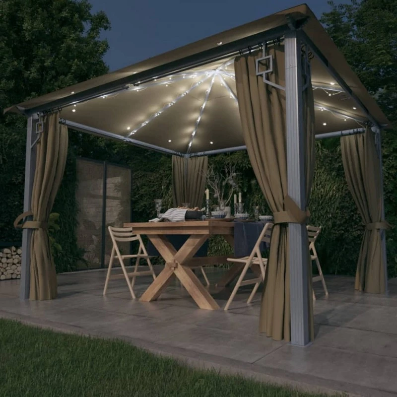 Gazebo Con Tende E Luci LED 300x300 Cm Grigio Talpa Alluminio 1 Gazebo Con Tende E Luci LED 300x300 Cm Grigio Talpa Alluminio