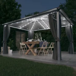 Gazebo Con Tende E Luci LED 400x300 Cm Antracite In Alluminio