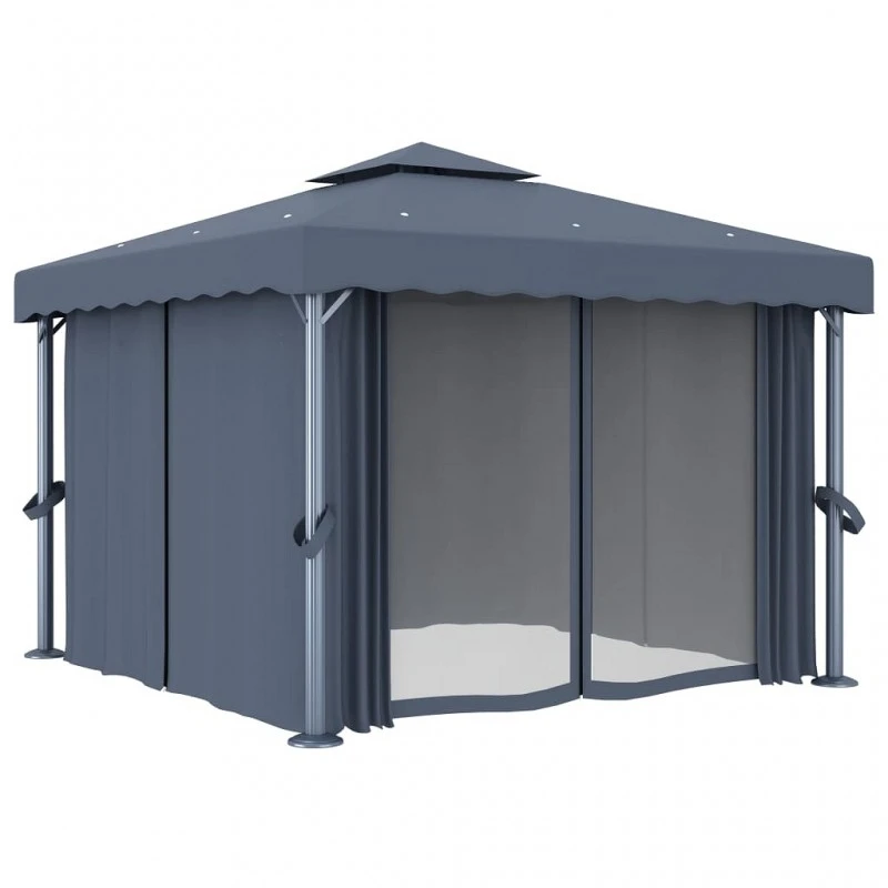 Gazebo Con Tende E Stringa Di Luci LED 3x3 M Antracite 4 Gazebo Con Tende E Stringa Di Luci LED 3x3 M Antracite - immagine 4