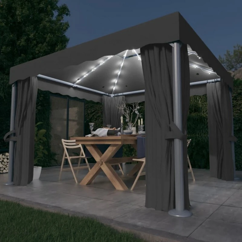 Gazebo Con Tende E Stringa Di Luci LED 3x3 M Antracite 1 Gazebo Con Tende E Stringa Di Luci LED 3x3 M Antracite