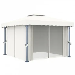 Gazebo Con Tende E Stringa Di Luci LED 3x3 M Bianco Crema -Garden Home gazebo con tende e stringa di luci led 3x3 m bianco crema 4