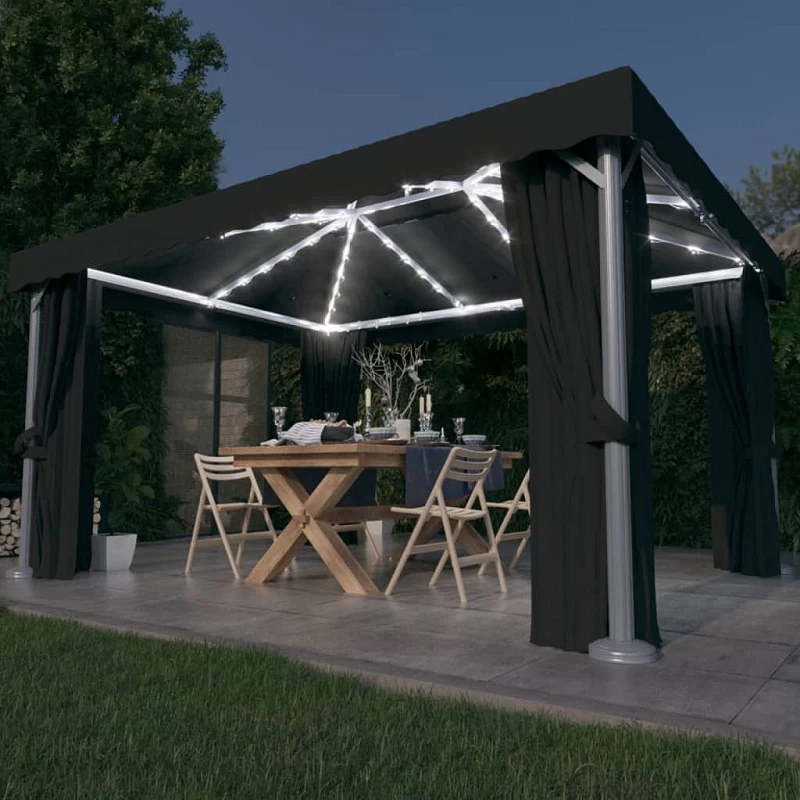 Gazebo Con Tende E Stringa Di Luci LED 4x3 M Antracite 1 Gazebo Con Tende E Stringa Di Luci LED 4x3 M Antracite