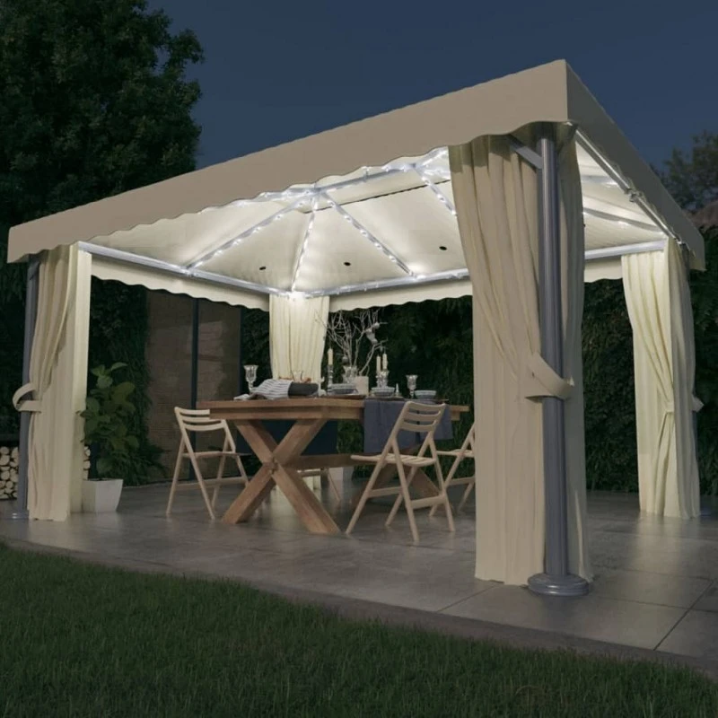 Gazebo Con Tende E Stringa Di Luci LED 4x3 M Bianco Crema 1 Gazebo Con Tende E Stringa Di Luci LED 4x3 M Bianco Crema