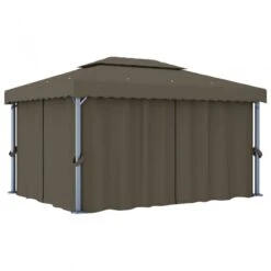 Gazebo Con Tende E Stringa Di Luci LED 4x3 M Grigio Talpa -Garden Home gazebo con tende e stringa di luci led 4x3 m grigio talpa 2