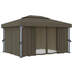 Gazebo Con Tende E Stringa Di Luci LED 4x3 M Grigio Talpa -Garden Home gazebo con tende e stringa di luci led 4x3 m grigio talpa 3