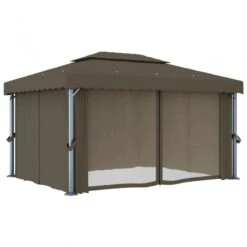 Gazebo Con Tende E Stringa Di Luci LED 4x3 M Grigio Talpa -Garden Home gazebo con tende e stringa di luci led 4x3 m grigio talpa 4