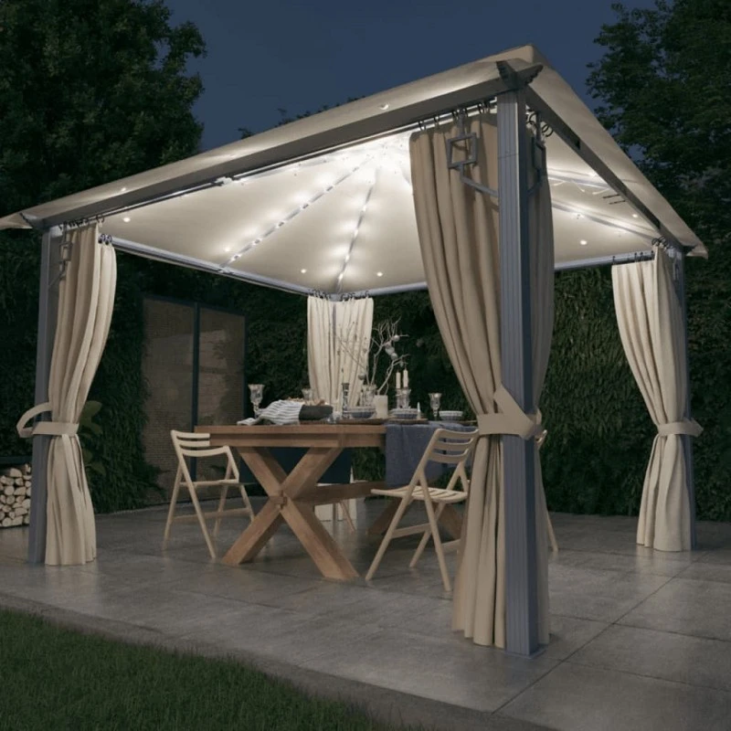 Gazebo Con Tende Stringa Di Luci LED 300x300 Cm Crema Alluminio 1 Gazebo Con Tende Stringa Di Luci LED 300x300 Cm Crema Alluminio