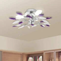 Lampada Soffitto Foglie Bianco E Viola Cristallo Acrilico 3xE14