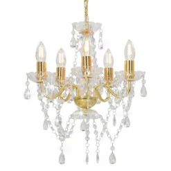 Lampadario Con Perline Di Cristallo Dorato Tondo 5 E14