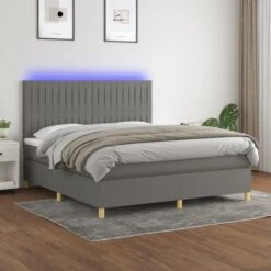 Letto A Molle Materasso E LED Grigio Scuro 180x200cm In Tessuto