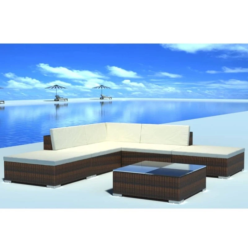 Set Divani Da Giardino 6 Pz Con Cuscini In Polyrattan Marrone 1 Set Divani Da Giardino 6 Pz Con Cuscini In Polyrattan Marrone