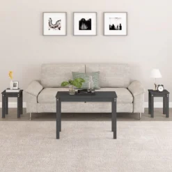 Tavolini A Incastro 3 Pz Grigio In Legno Massello Di Pino